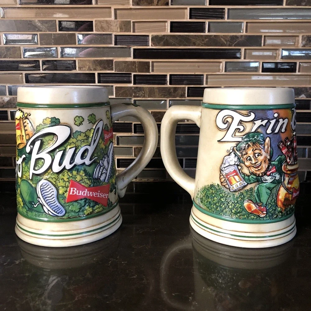2 Anheuser Budweiser Mugs Stein Erin Go Bud‎ Leprechaun St Patrick's Day 1992